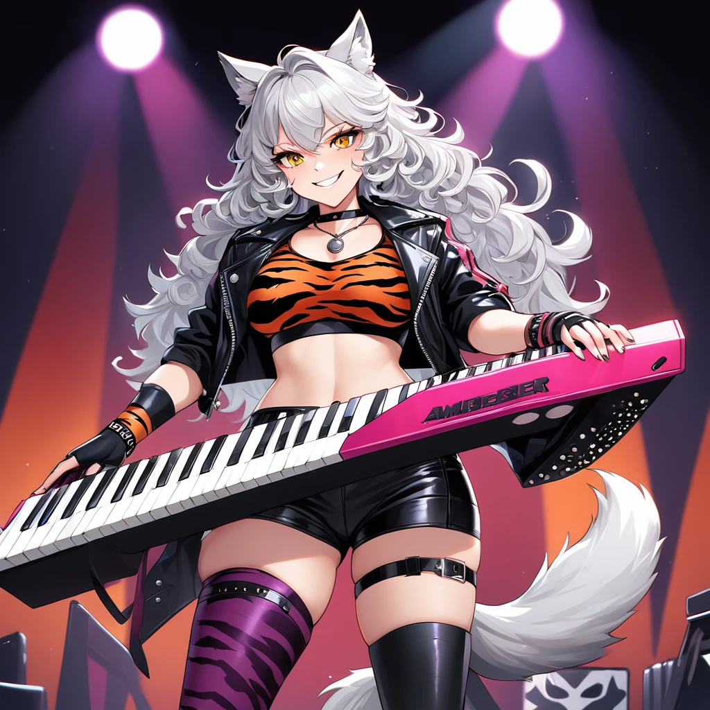 A Beautiful, Sexy Anthropomorphic Wolf. She have silver fur with light grey underbelly, silky white curly hair with green highlight, Amber Yellow Slitted eyes, with slim, curvaceous figure. She wear Black Leather Jacket over Red Crop top, black tight leather shorts, purple leg warmer with tiger stripe prints, and black heeled boots. She wear Choker Necklace, purple elbow length fingerless gloves with tiger print, and black choker wrist band. She have a feisty grin, while playing a keytar on stage. 80s style clothing.