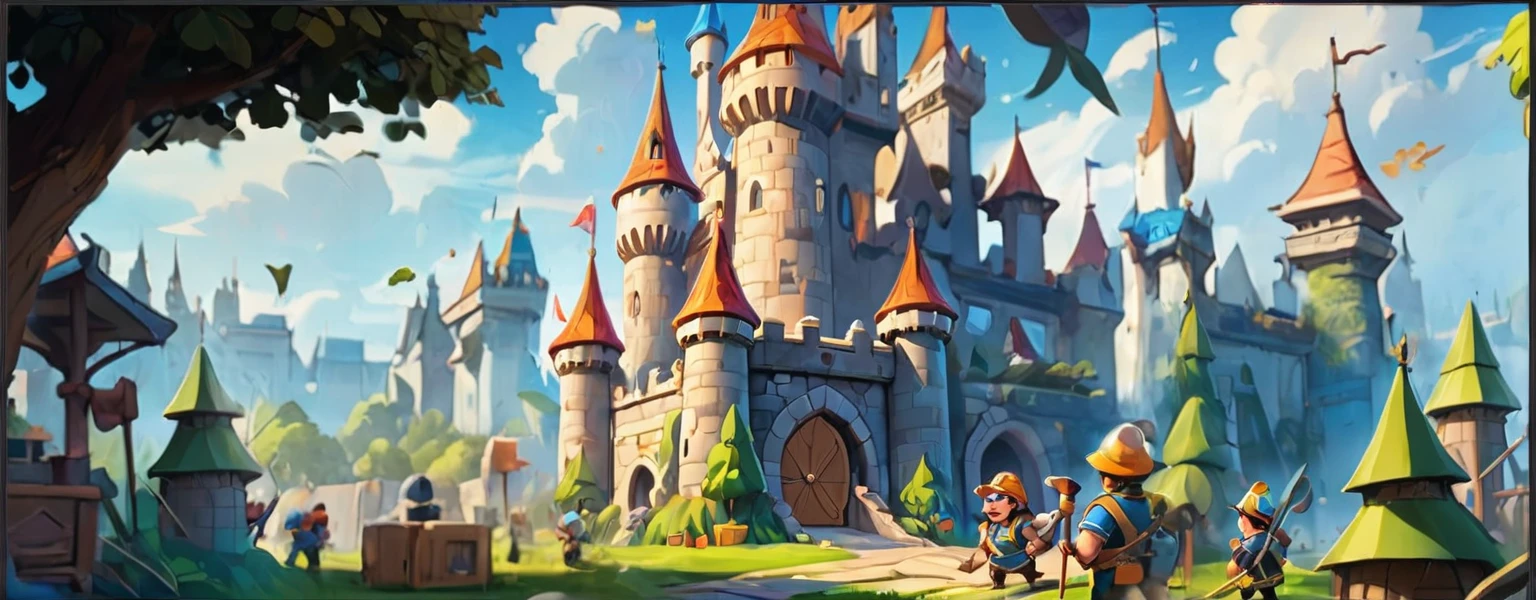 A castle (Masterpiece Best Quality:1.2) Exquisite illustrations with rich details, (Disney related activities) outdoor places, There are 5 construction workers building a castle。Clash Royale Style。Detailed background, illustration, bright, rich and colorful,