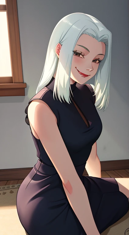 girl sitting on the floor , first person view, beautiful, masterpiece, smooth texture, evil smile, beautiful