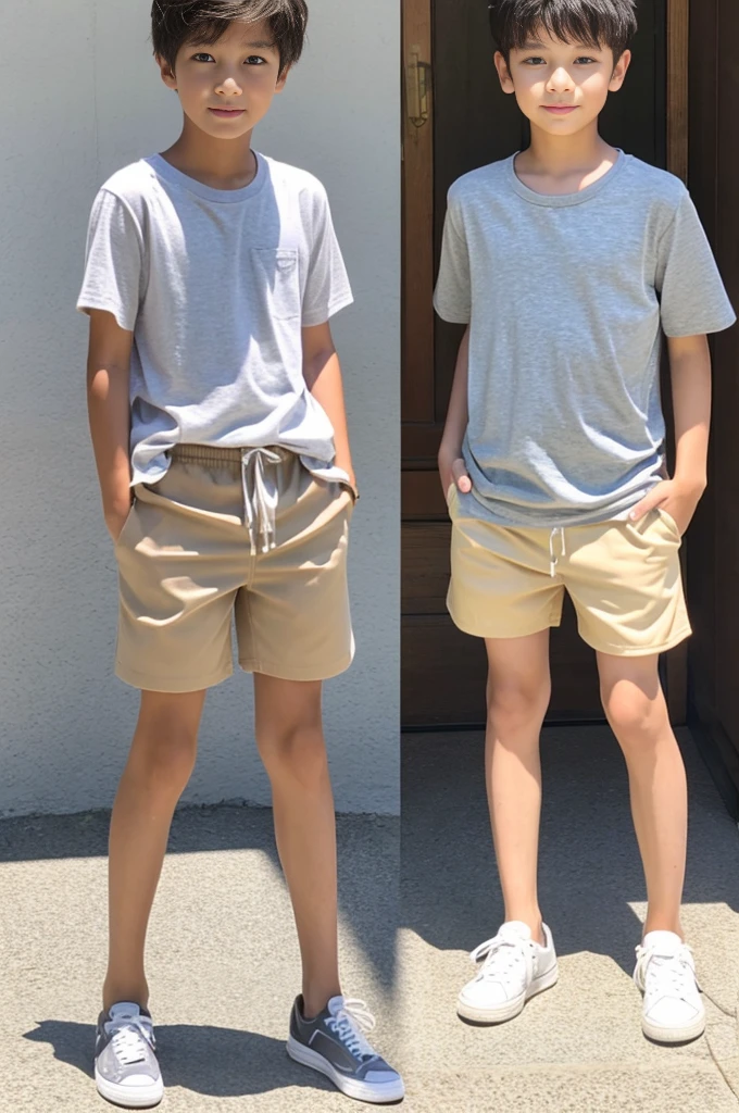 A tanned -yeld Jaese boy modeling in shorts during summer vacation Grey shirt and beige shorts
