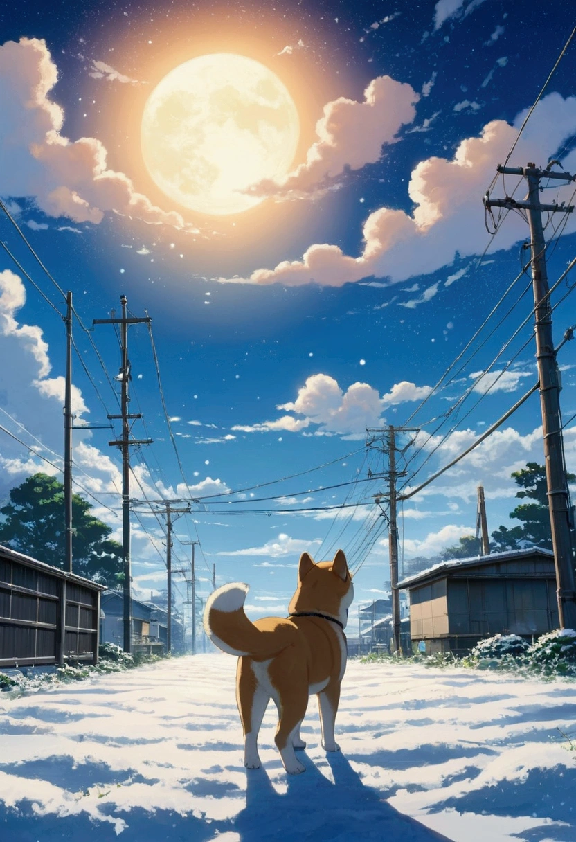Makoto Shinkai Taste, Beautiful sky, winter,Falling snow, Shiba Inu Puppy, Wide angle、