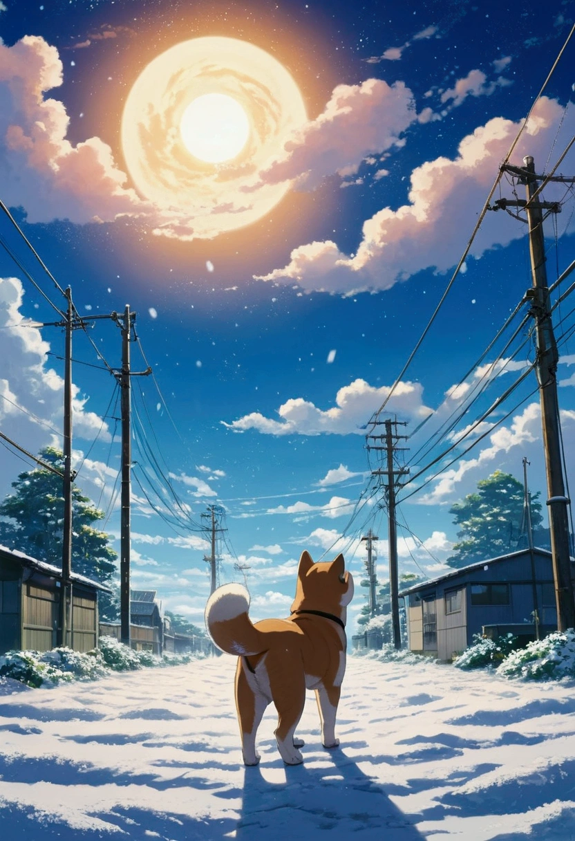 Makoto Shinkai Taste, Beautiful sky, winter,Falling snow, Shiba Inu Puppy, Wide angle、