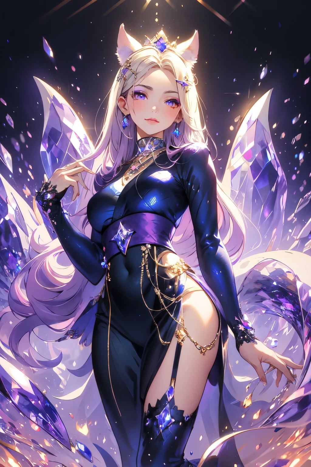 ((best quality)), ((masterpiece)), (detailed), detailed eyes, detailed hands, full-length body image, female humanoid kitsune, wearing a thigh-high short kimono, crystal crown on top of her head, light purple hair, light purple fox ears, 2 purple crystal fox tails, 1 crystal eight-pointed star shape on forehead, delicate and beautiful detailing, beautiful face, well-proportioned detailed purple eyes, round detailed purple eyes and makeup, beautiful detailed and clear purple eyes, volume smooth and sharp, long flat bangs, fictional art, best photos, best quality, very beautiful and meticulous eight-pointed crystal star on forehead, delicate, mouth closed smile, not fully smiling