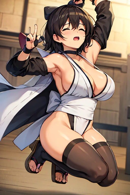 masterpiece, high resolution, best quality, rendered art, beautiful art, well formed fingers and hands, 1 woman, solo, Haruhi Suzumiya, hair ribbon, adult, grown up, 31 years old, large and round breasted, cleavage, full body, wearing a Iroha Samurai Spirits cosplay, Iroha_Samurai_Spirits_cosplay, maid hat, choker, fingerless gloves, black tights, sexy and skimpy kimono, pelvic curtain, white maid uniform,ryona , in peril, she is being beaten up by her opponent, she is knocked down and she is slapped in the face , she is pushed against the wall,  being humiliated by her opponent, receiving the impact of her opponent's attacks, closed eyes, screaming in pain and agony, heroine in peril, ryona and perilous scene, bouncing breasts, weak and helpless, martial arts tournament on the beach           