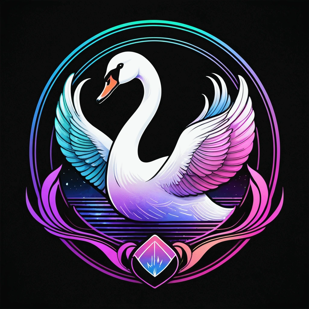 "Swan" logo; shading and gradients, Art Nouveau, vibrant colors and synthwave. Vector design, thin lines, central composition, smooth background, 1:1 air. Watercolor logo style with puff 3D printing effect. Dark colors and strong, monochromatic, yukisakura background, with original and incredible colors."