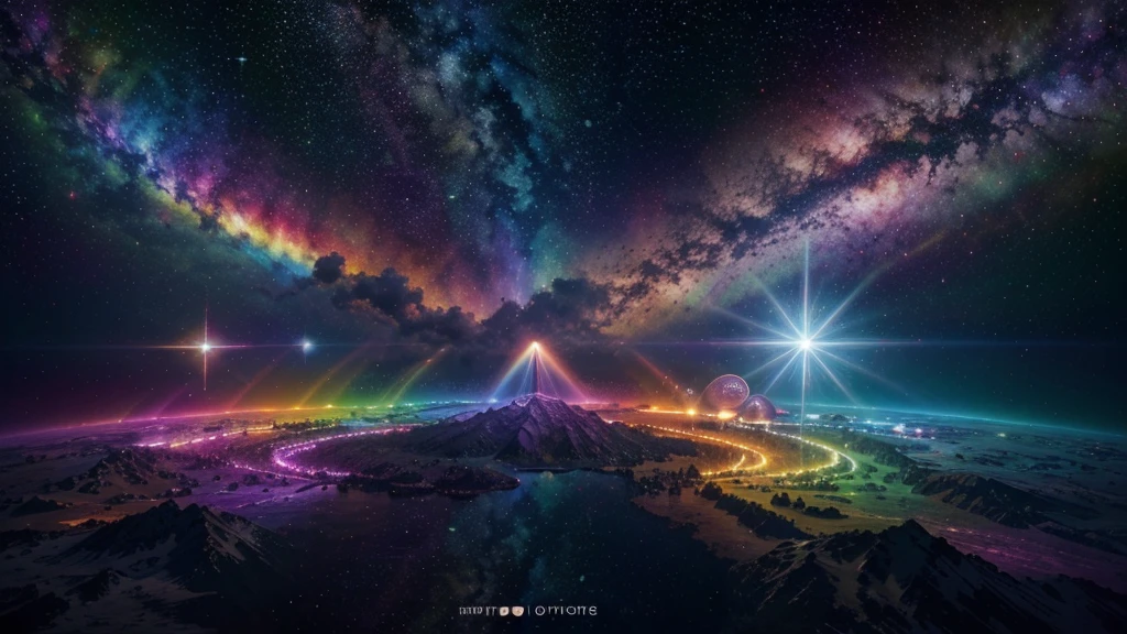 Digital art, the seven chakras,, cosmic space, exuding enlightenment, bright vibrant colors, flowers everywhere, stars and space, rainbow vibrant colors, vulmetric lighting, 8k resolution, highly detailed