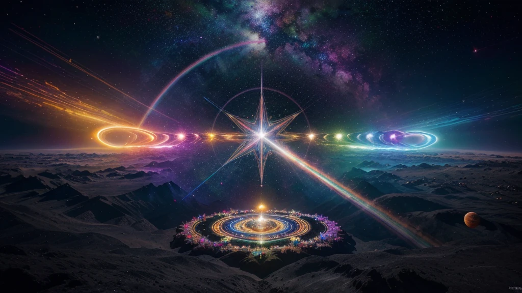 Digital art, the seven chakras,, cosmic space, exuding enlightenment, bright vibrant colors, flowers everywhere, stars and space, rainbow vibrant colors, vulmetric lighting, 8k resolution, highly detailed