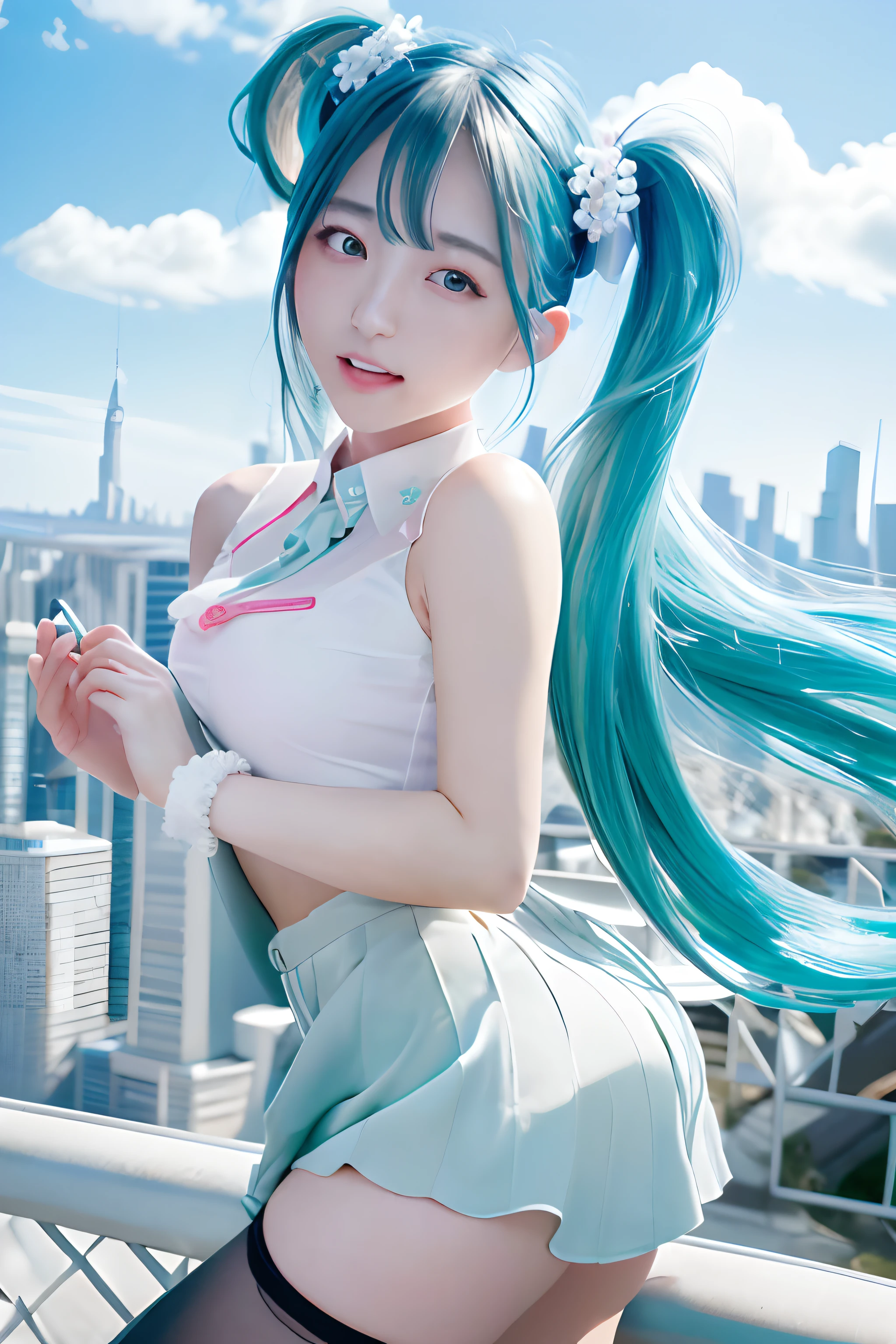 miku hatsune、Official Art, masterpiece, Sharp focus, (Beautiful gorgeous and cute Korean woman:1.3), (Beautiful and cute Korean woman:1.3), Korean Beauty, Delicate and beautiful hair, eyes and face, Realistic, Ultra-detailed, Beautiful girl, blue sky, Glowing White Particles, (Side light:1.2), Light of the sun, White cloud, Sunny clouds, Slender, Beautiful breasts and big ass, Smiling with teeth showing, ((Close one eye)), Scenic, Blunt bangs、Sexy look、building、(Cityscape:1.7)、Dynamic Hair、Twin tails、Green Hair、Glowing blue eyes、(Green Pleated Shirt + Black Skirt)、White long socks、White skin、hair ornaments、Spectacular landscapes、