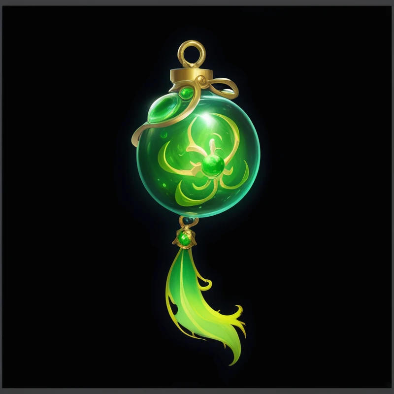 Close up of green and ball，There is a note on it, Magic amulet, Sphere of Agamemnon, A bottle of health potion, Rendering Art, Life Element Guardian, Fantasy game spell symbols, The soul lingering in the green vortex, jellyfish elements, Capability Image, ball of eternity, potion of healing, World of Warcraft Spell Icons