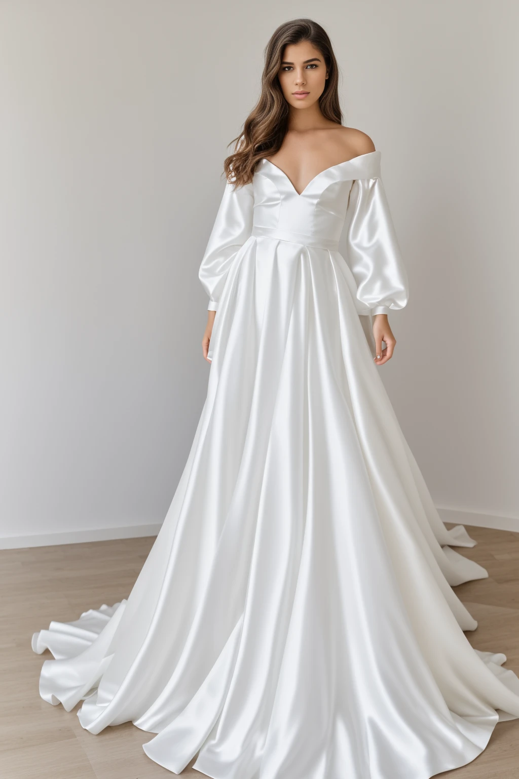 Best quality, 8k, 32k, Masterpiece, Masterpiece, (Photorealistic: 1.4), RAW photo, ultra realistic, 1girl, Fashion model, Wearing a long sleeves wedding dress, satin fabric, full length view, pose Stand upright in white room with a minimalist design, featuring white walls and a clean, modern aesthetic.