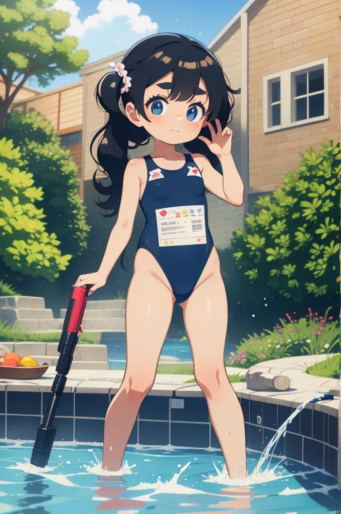 ((young girl ,short stature,gyaru)) ,flat chestembarrassed, flushed, flushing,((stripe swimsuit))black hair,cowboy shot,stand,rotund