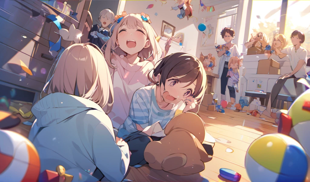 Parents in pain, covering their ears because the noise is too loud、Excited children,Scattered toys
