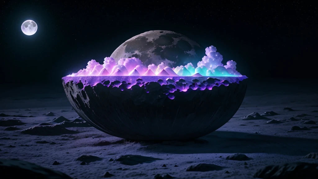 long shot, moon shining bright, moon is clear crystal and you can see entities walk inside the moon, high detail, wide shot, 4K, 3D, REALISTIC, (iridescent glow smoke), UHD, 32K, very bold neon colors, black light, neon light