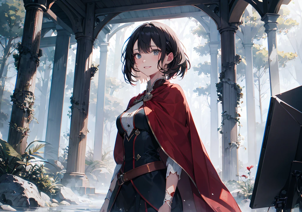 Realistic photos, Focus distance 10mm, Red and white, A big smile, Beautiful girl, Realistic photos, Focus distance 10mmで撮影, masterpiece, 最high quality, high quality, Very detailed CG 8k wallpaper unit, Award-winning photography, Depth of written boundary, High resolution, bloom, chromatic aberration, Realistic, Very detailed, Art Station Trends, CGsociety Trends, Complex, High detail, dramatic, Art on the go, volumetric lighting, A graceful young woman with short black hair, in a royal gown with a red cape, inspired by Disney's Eilonwy from 'The Black Cauldron,' standing in a mystical forest