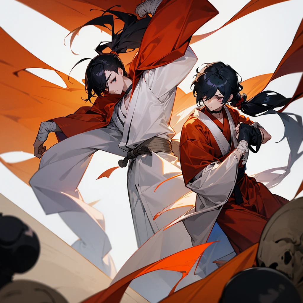 male, monk, eyes closed, long hair tied back, hair over one eye, pale skin, black hair, tall, athletic, slim, choker, fighting, making a fist, serious look, with a arm bandage,In practice,Ruined Temple,, japanese clothes, japanese style coat, 