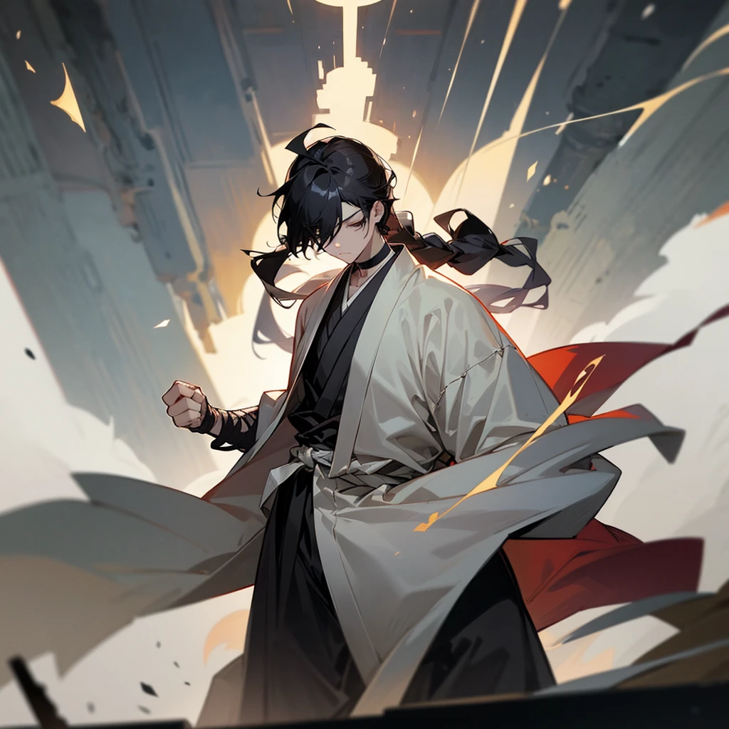 male, monk, eyes closed, long hair tied back, hair over one eye, pale skin, black hair, tall, athletic, slim, choker, fighting, making a fist, serious look, with a arm bandage,In practice,Ruined Temple,, japanese clothes, japanese style coat,
