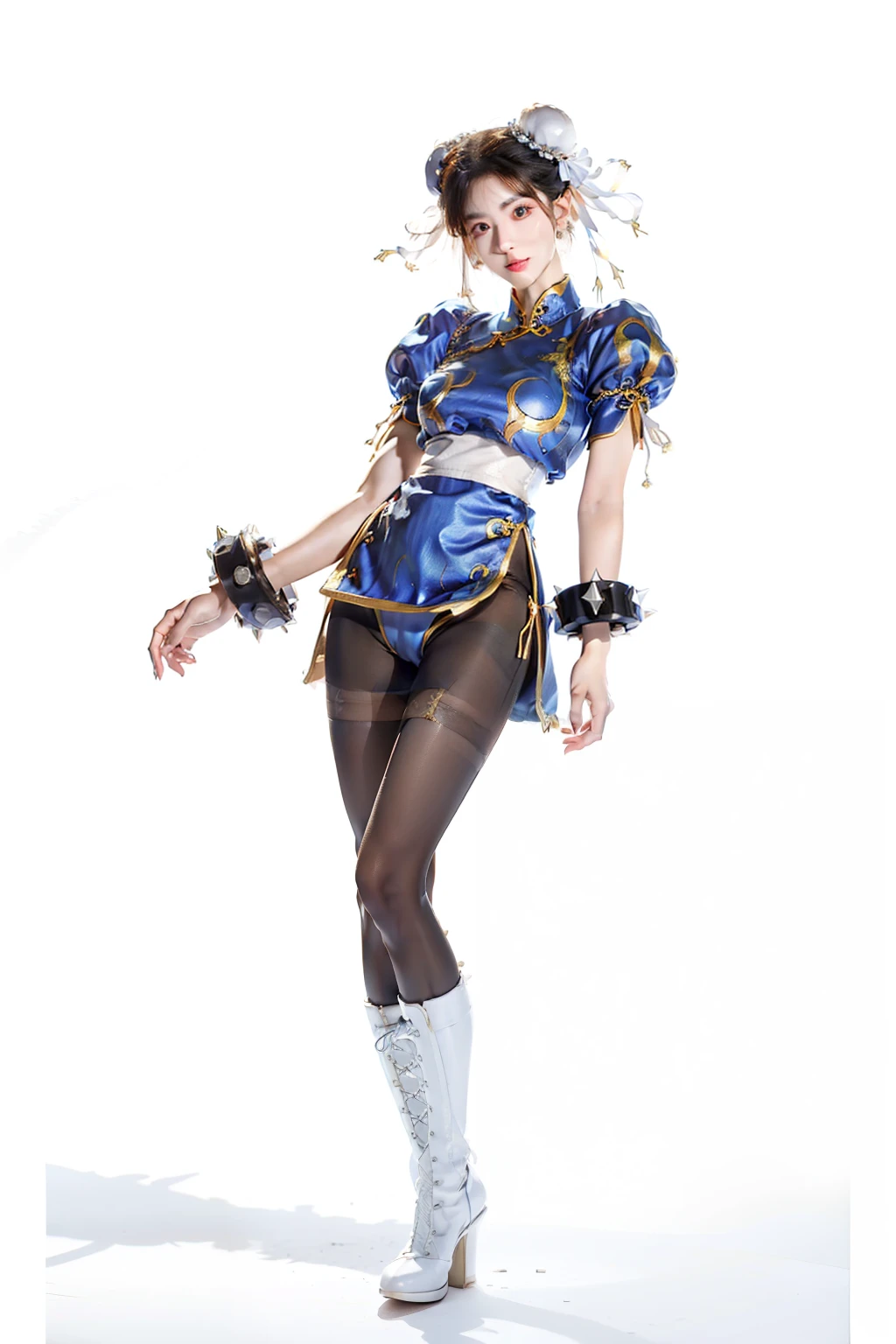 (full body:1.4), (glamourous:2.0), (A chun-li posing for a picture:1.4),tall, (hands on crotch:2),(gather legs:2),(shy:1.4),(white background:2),chun-li, (standing:2),Bun head,bun covers, boots, bracelet, brown pantyhose, china dress, blue china dress color, chinese clothes, blue china clothes color,cross-laced footwear, dress, gold trim, jewelry,20 denial pantyhose, brown pantyhose color,pelvic curtain, puffy sleeves, sash, short sleeves, side slit, spiked bracelet, spikes and white footwear, beauty face, thick tight