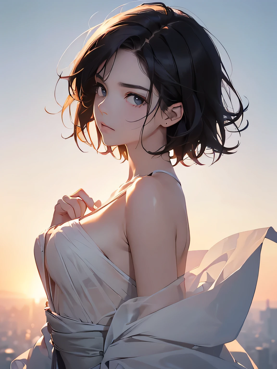 (Image from chest up:1.4)((masterpiece:1.5,Highest quality,Beautiful images、2.5D、Abstract、Artistic、Portraiture))(One girl, solo)(medium breasts, Black Hair、short hair、Beautiful breasts、Expose your shoulders)(profile、Look at an angle、shake your head、Sad look, Floating Hair)(Plain background:1.5)((from side:1.5)),See-through gown