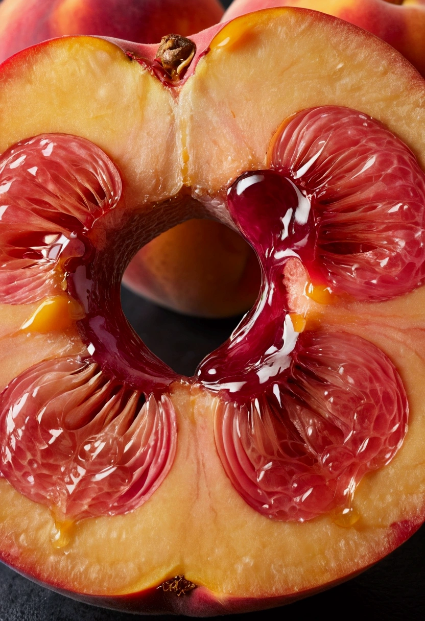Sensual pink peach close-up、Cuts that resemble downy hair or female genitalia。Juice dripping from the fillet。