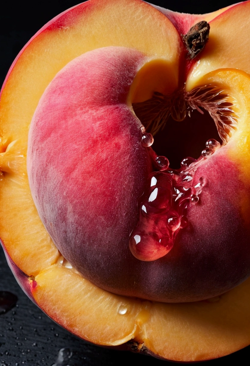 Sensual pink peach close-up、Cuts that resemble downy hair or female genitalia。Juice dripping from the fillet。