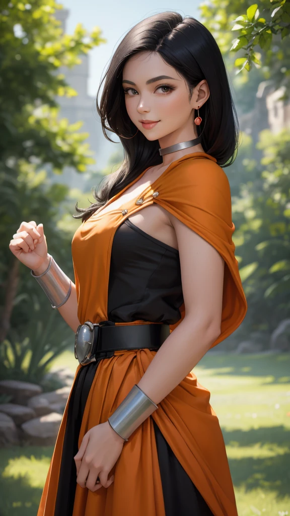 masterpiece, Highest quality, DQ Bianca, Single Blade, Earrings, choker, Black Hair, Orange Cape, Green Dress, belt, View your viewers, Small breasts, Upper Body, From the side, smile, fist, Mouth closed