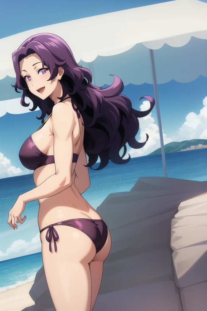 best quality, (masterpiece:1.2), highly detailed, standing, beach, mature woman,
1girl, solo, hamaoka azusa,
looking at the viewer, open mouth, smile,
purple eyes, purple hair, short hair, strapless bikini, black bikini