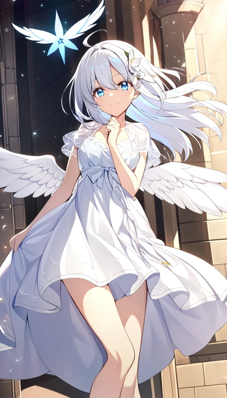 one girl, angel, white hair, light blue eyes, white dress, cheerful, angel wing, sacred