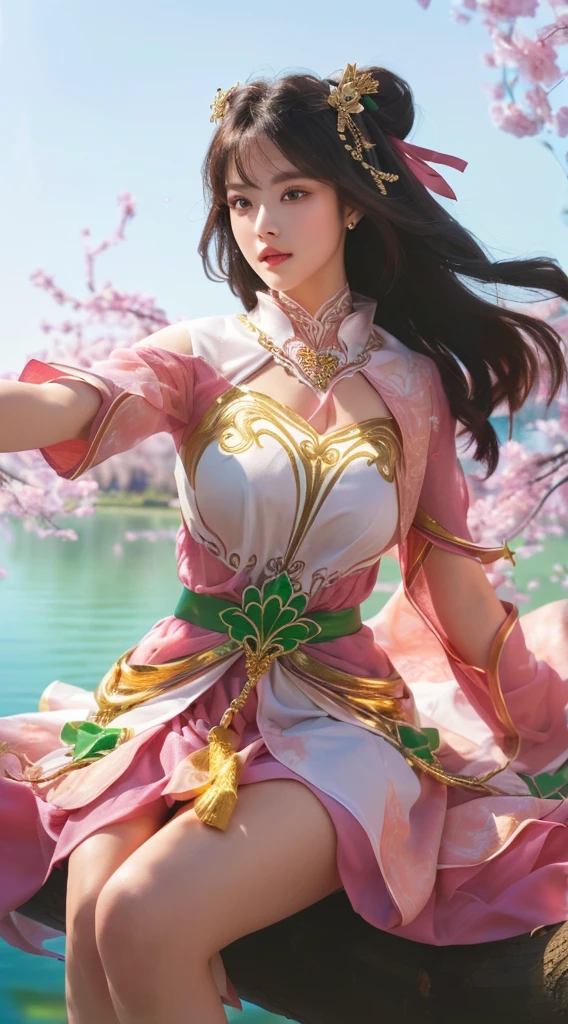 a beautiful girl in a pink dress, sitting on a tree branch, realistic, photorealistic, extremely detailed face and eyes, beautiful detailed lips, longeyelashes, intricate details, natural lighting, golden hour, lush greenery, vibrant colors, award winning photograph, 8k, high resolution