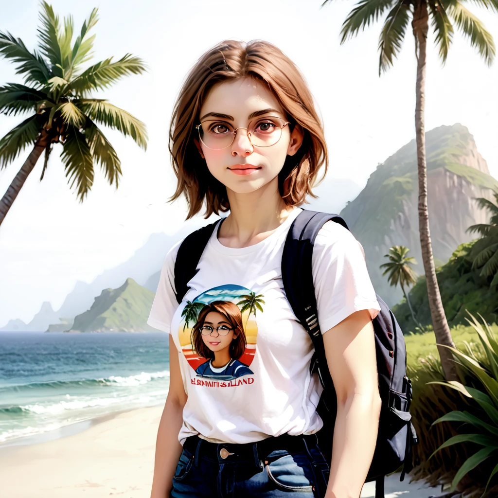 (zPDXL2),  score_9_up, painterly, faux traditional media, realistic, BREAK
1girl, (human:1.2), solo, close-up portrait, upper chest photo, (Chestnut, shoulder-length hair), brown eyes, (slender body), Light skin, blush cheeks, (wearing Jeans and t-shirt, sneakers, thin-framed glasses, Small backpack), ((palms, send, ocean, an uninhabited island background:1.5)), BREAK
AissistXLv2, unaestheticXL_bp5, SimplePositiveXLv2, zPDXL2 PonyXLV6_Scores
