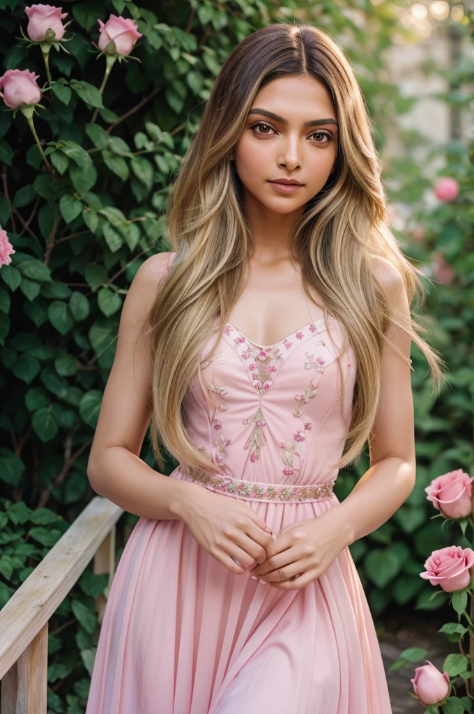 8k, RAW photo, Fujifilm, style photo of a beautiful young girl like actress Deepika Padukone as avril in a garden of light pink roses (highly detailed skin: 1.2) Style-Petal BREAK long hair, blonde hair with colored locks, wearing a dress, film granulation, 35mm, cute style