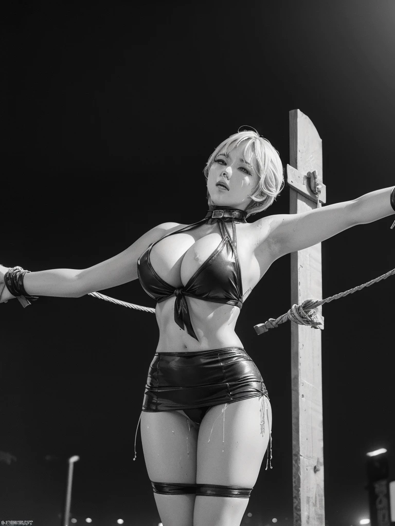 Crucified on an iron cross:1.6, ((Tied up and crucified:1.6)), Very short hair, (masterpiece、Highest quality、Official Art, Full Color:1.4), (Tilt your chin up, See the front-facing camera, Looking at the audience:1.5), how, how in pussy, how in ass, ((Bukkake:1.4)), ((facial:1.4)), ((excessive how)), how, how in pussy, how in ass, ((Bukkake:1.4)), ((facial:1.4)), ((excessive how)), how on face, how on hair, how on clithes, how on body, how on brests, how, how in pussy, how in ass, ((Bukkake:1.4)), ((facial:1.4)), ((excessive how)), how on face, how on hair, how on clithes, how on body, how on brests, topless, Underless, Glowing Skin, Realistic:1.9, Very detailed, Full Body Shot:1.2, Big Breasts, Bare Chest, Exposed female genitalia, Cleavage, Belly button pussy, Expose the center of the body, 高解像度のFull Color写真, High detail, Extremely realistic detail, Ultimate realistic texture, Ultimate in exquisite detail, Professional photos, Sexy portrait of a girl, Voluptuous bust, Big Tits, Tight waist, Cleavage, Trained abdominal muscles, Big Ass,Complete the whole body, Full body image, No underwear, Highest quality, ((background:On the streets of the city:1.4)), Suzune, Suzune's clothes