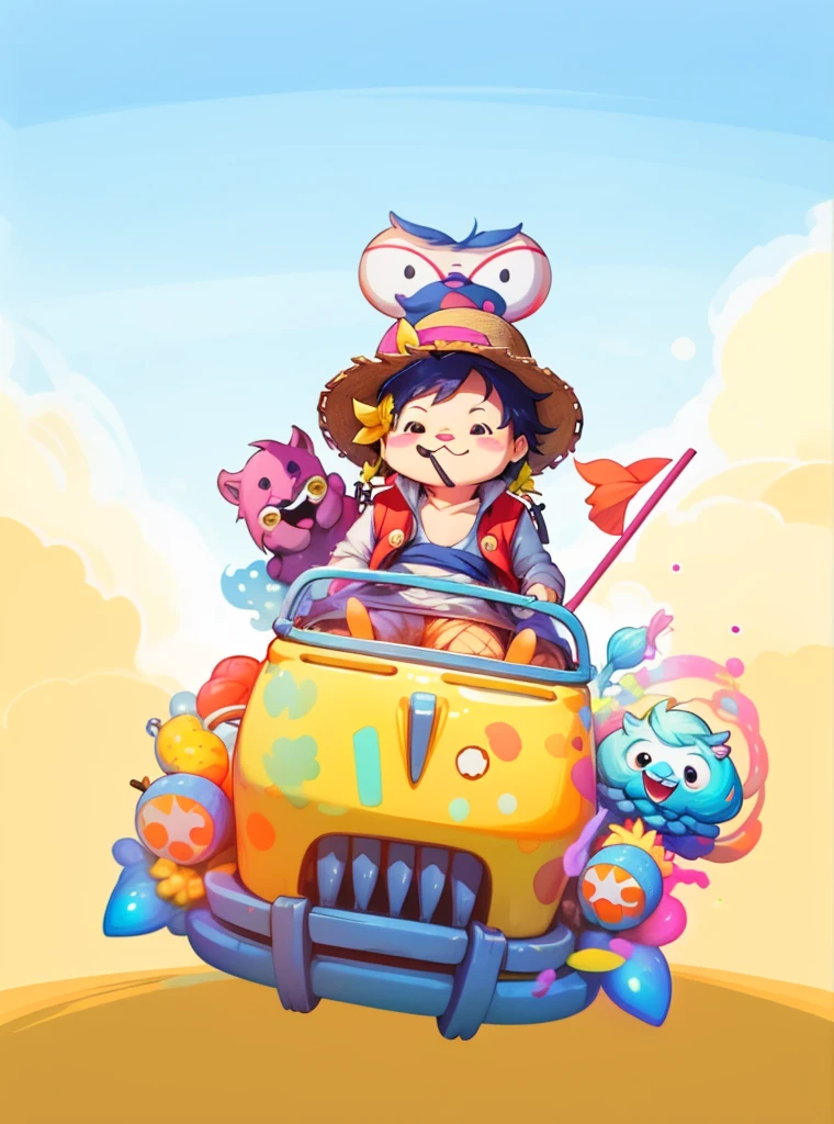 sticker,一只带着straw hat的snails开着黄色小汽车,snails,One Piece Luffy,straw hat,With a branch in his mouth,Red vest,红色和的straw hat,red flag,A cute Q version of a wild boar,ground,Sky,Cloud,Blue sky,Jellyfish,