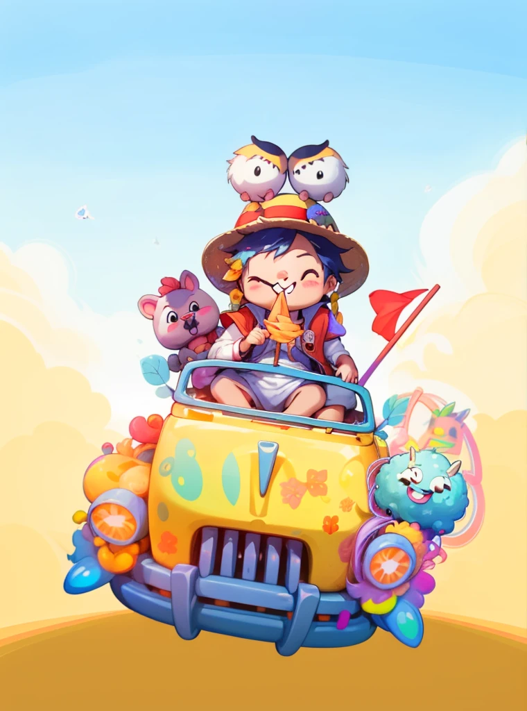 sticker，一只带着straw hat的snails开着黄色小汽车，snails，One Piece Luffy，straw hat，With a branch in his mouth，Red vest，红色和的straw hat，red flag，A cute Q version of a wild boar，ground，Sky，Cloud，Blue sky，Jellyfish，