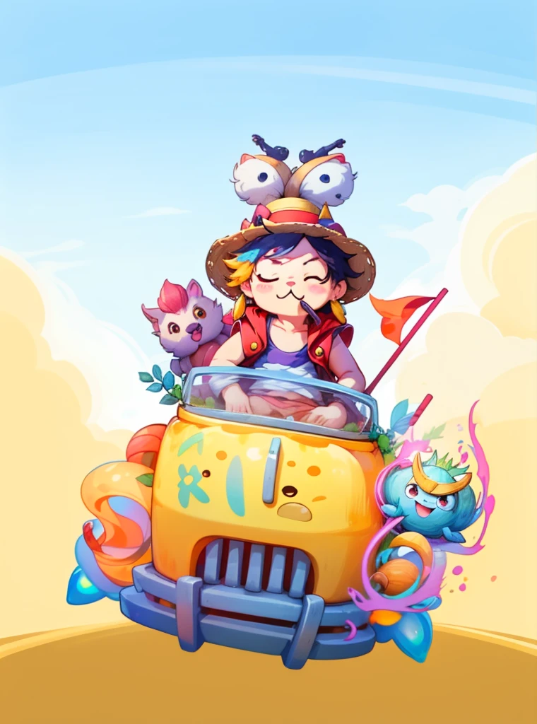 sticker,一只带着straw hat的snails开着黄色小汽车,snails,One Piece Luffy,straw hat,With a branch in his mouth,Red vest,红色和的straw hat,red flag,A cute Q version of a wild boar,ground,Sky,Cloud,Blue sky,Jellyfish,