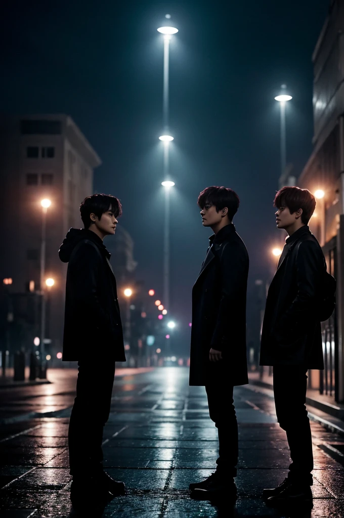 Dark silhouette of Jeon Jungkook and Park Jimin staring at each other with serious expressions. Background, some empty streets, rainy night and dimly lit streetlights.