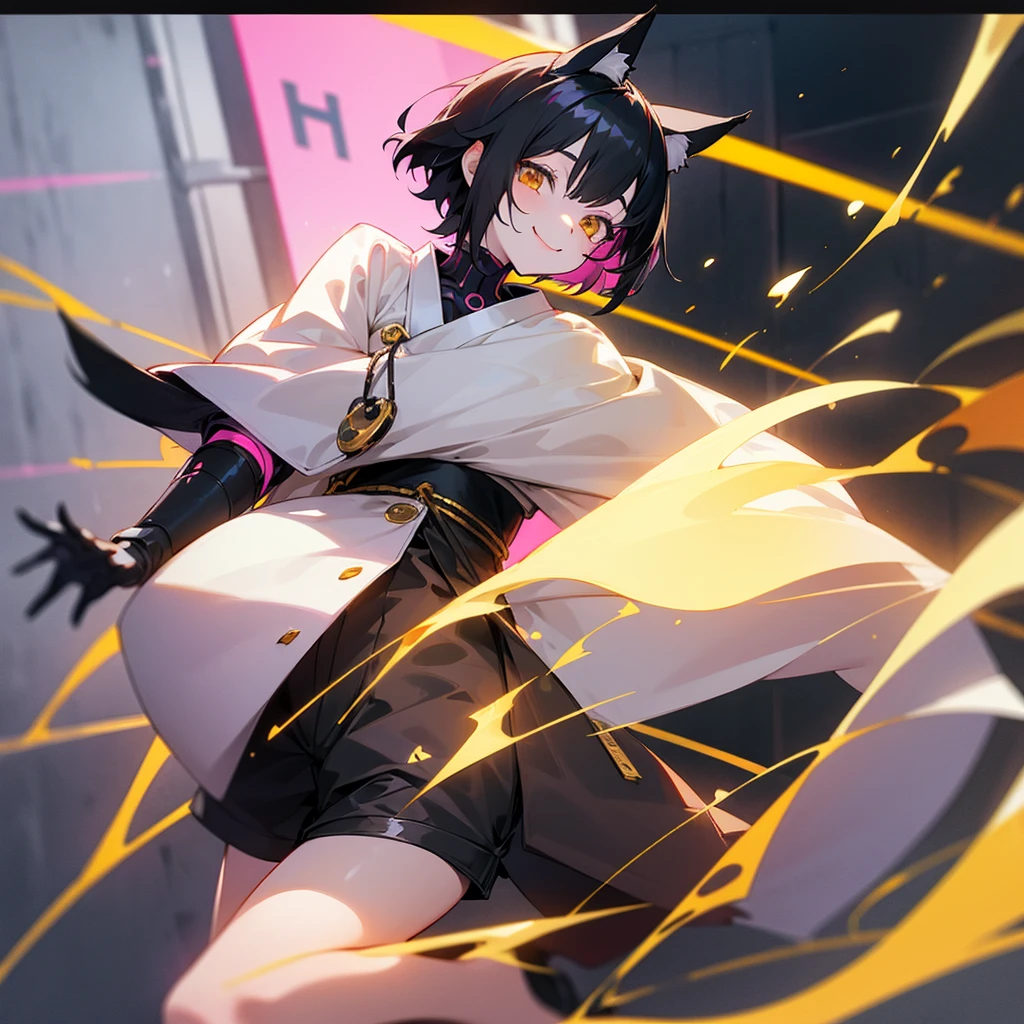 female, a girl, happy, smiling, pale skin, golden eyes, black hair, side tail, slim, gloves, pink muffler, japanese style coat, spats, shorts, drop shoulder tee, with animal ears, with fox ears, cute, short hair tied back, cyber punk, golden, face, City
