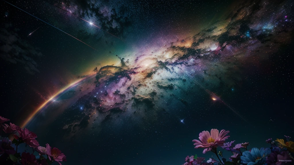  cosmic space, exuding enlightenment, bright vibrant colors, flowers everywhere, stars and space, rainbow vibrant colors, vulmetric lighting, 8k resolution, highly detailed