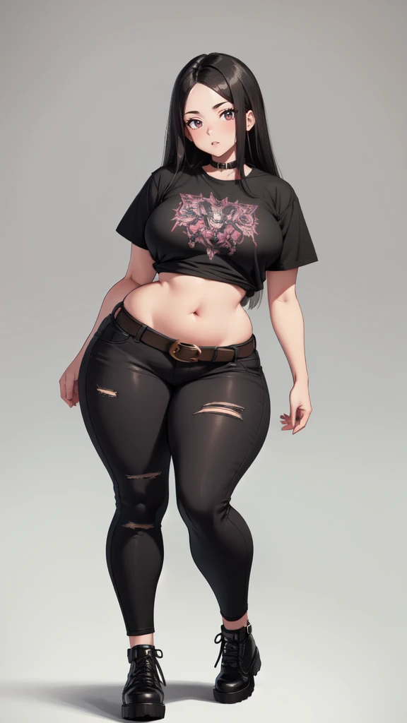 blank background, (((full body))), (masterpiece), ((best quality)), ((tall girl)), straight hair (curvy:1.5), (punk girl), shoes, belt below navel, black hair, wide hips, (black jeans), (short sleeves), arm tattoo