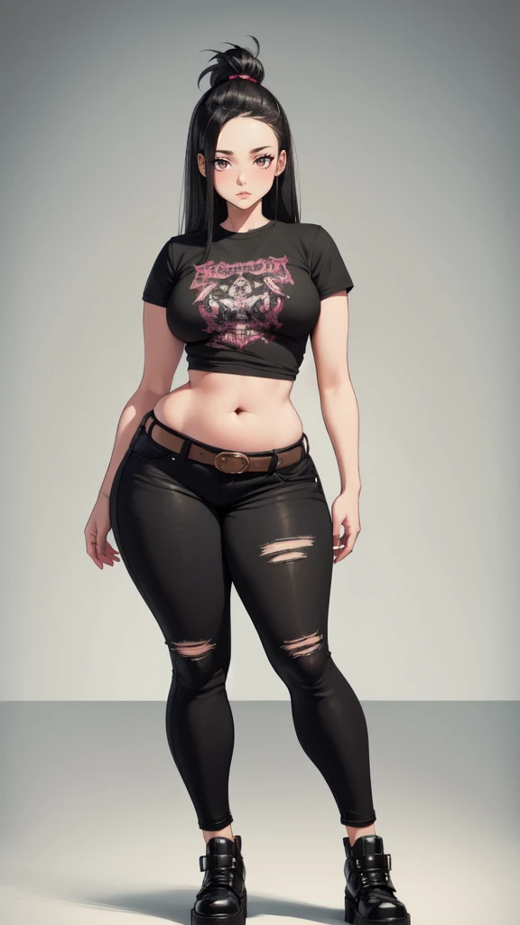 blank background, (((full body))), (masterpiece), ((best quality)), ((tall girl)), straight hair (curvy:1.5), (punk girl), shoes, belt below navel, black hair, wide hips, (black jeans), (short sleeves), arm tattoo