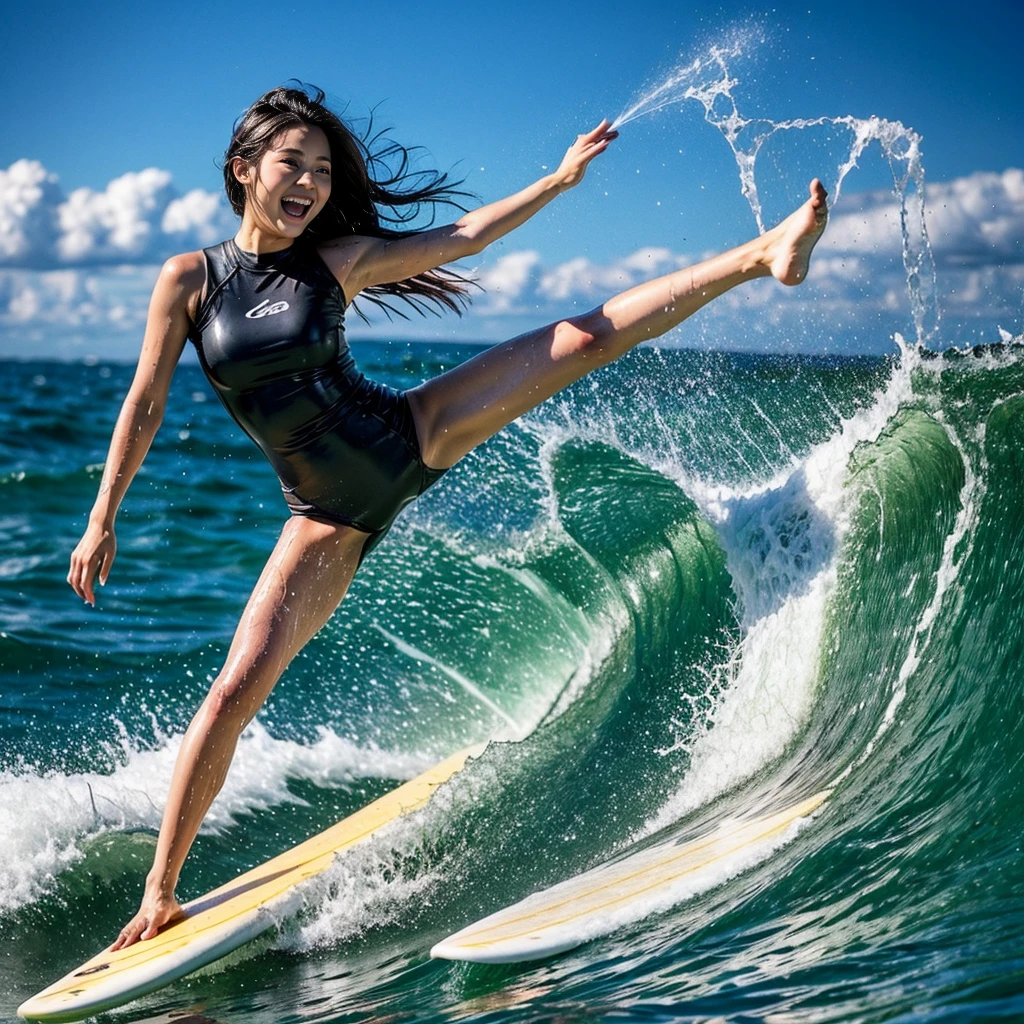 (ZoomedOut:1.28, Wide-shot) (Epic photo of surfer magazine:1.37). (Everything Wetted:1.6) WetHair (extremely detailed KAWAII wet face)(SparklingHighlights:1.28), Dynamic Joyful Expressions LifeLike Rendering  (ManoErina:1.0) . Overflowing Gigantic Sideboob, Detailed wet clothing texture, (Starry Iridescent Particles), (Sloppy Surfboard:-1.2) Riding on waves