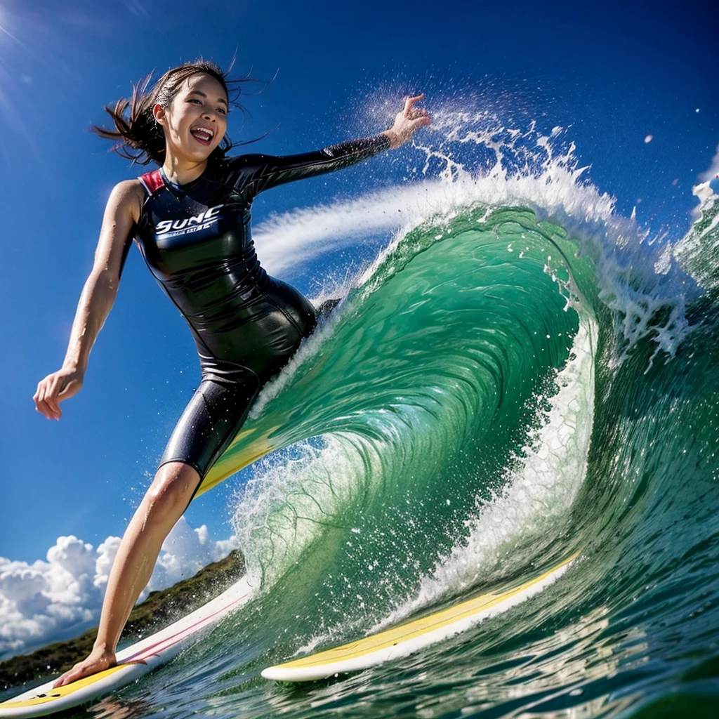 (ZoomedOut:1.28, Wide-shot) (Epic photo of surfer magazine:1.37). (Everything Wetted:1.6) WetHair (extremely detailed KAWAII wet face)(SparklingHighlights:1.28), Dynamic Joyful Expressions LifeLike Rendering  (ManoErina:1.0) . Overflowing Gigantic Sideboob, Detailed wet clothing texture, (Starry Iridescent Particles), (Sloppy Surfboard:-1.2) Riding on waves
