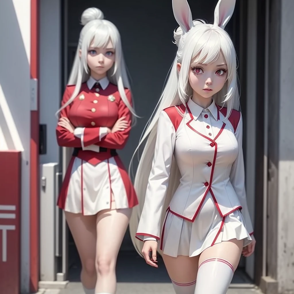 You can make a white haired girl with bunny ears, White skin, red eyes and gray uniform anime style?