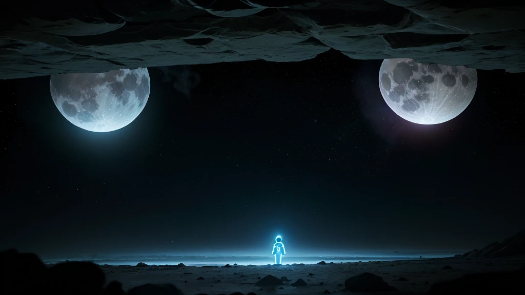 long shot, aliens on the moon looking out to the earth, high detail, wide shot, 4K, 3D, REALISTIC, (iridescent glow smoke), UHD, 32K, very bold neon colors, black light, neon light