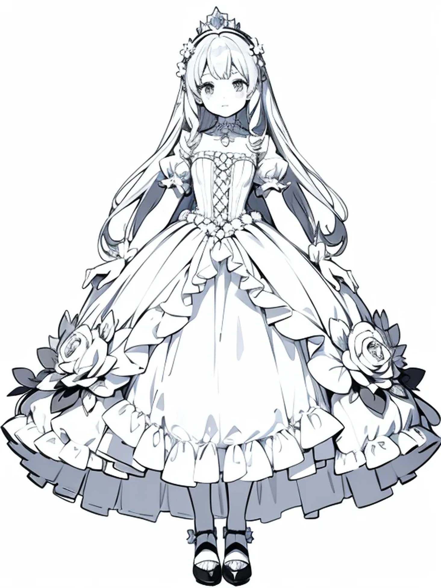 a coloring book page, cute anime girl surrounded with flowers, wearing a princess dress, small crystal crown, crystal heels, marie antoinette dress, black and white, simple and minimal, perfect shapes, only lineart, no gray or shades, complete body, white background