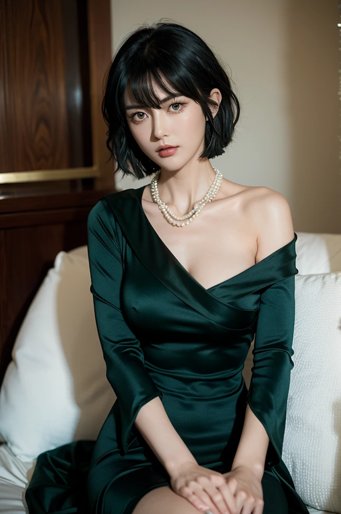 fubuki,,fubuki (One Punch Man),1 girl,big breasts、Green Long Dress,collar、long sleeve、pearl necklace、Beauty、long sleeve、collar、beautiful woman、beautiful face