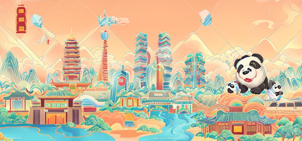 Cartoon illustration of a panda flying over the city，Minimalist style，Buildings and river in the city, Chengdu, Stylized digital illustration, Chengdu传统城市, 大City background, Chengdu城市, Chengdu, Background Artwork, Chengdu, gta chinatowon art style, City in the background, Anime style cityscape, City background, Vector Art, City view during the day, 幻想City background