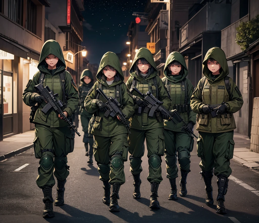 A group of female soldiers on night curfew,All wear dark green M-51 hooded military uniforms、Hooded on head、Magazine Pouch、Military Pants、Knee pads,Street,Write details、masterpiece、best quality、Highly detailed CG、8K picture quality