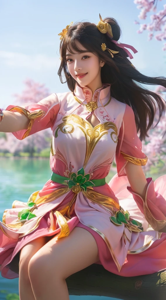 a beautiful girl in a pink dress, sitting on a tree branch, realistic, photorealistic, extremely detailed face and eyes, beautiful detailed lips, smile, longeyelashes, intricate details, natural lighting, golden hour, lush greenery, vibrant colors, award winning photograph, 8k, high resolution