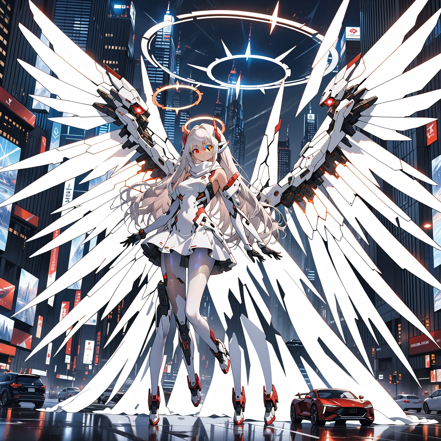 masterpiece, highest quality, highest resolution, clear_image, detailed details, white hair, long hair, 1 girl, car ears, red eyes, futuristic wings, futuristic halo, white sci fi mecha dress, white scarf with blow glow, white pantyhose, full body, no water marks, city, no extra limps, no extra body