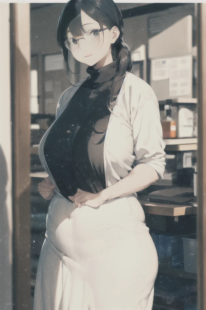 1girl, thick rectangular black rim glasses, a woman with striking brownish black hair and bangs, her brown eyes sparkling with a quiet confidence as she sits at a school nurse desk. Her pale complexion is complemented by a touch of dark makeup and red lipstick, adding depth to her expression. She stands tall, draped in an open white lab coat that hints at her feminine curves. Beneath the lab coat she wears a (red ribbed turtleneck sweater-shirt), that stretches around her ((((massive breasts)))). She has a pair of truly huge breasts. She also wears a tight black pencil-skirt that shows off her plump mature curves. .,sweating,,smile, 9 head body lenth, dynamic sexy pose, (artistic pose of a woman),(upper body,from_above:1.3), soft areola bumps on breasts, swooping breasts, ((heavy sagging breasts)), ((red sweater-shirt)), ((white science lab coat)), (black skirt), (soft squishy breasts),